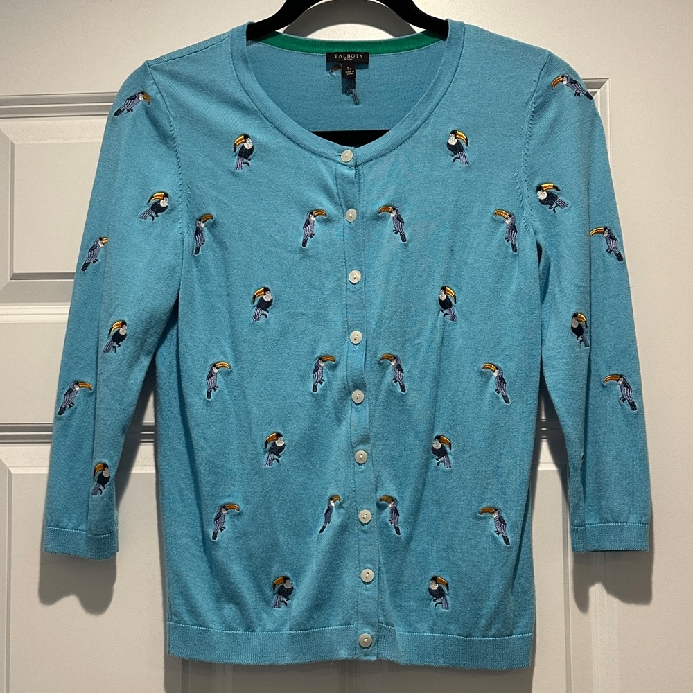 Talbots Sky Blue Cardigan with Toucan Embroidery Small Petite Coastal Grandma